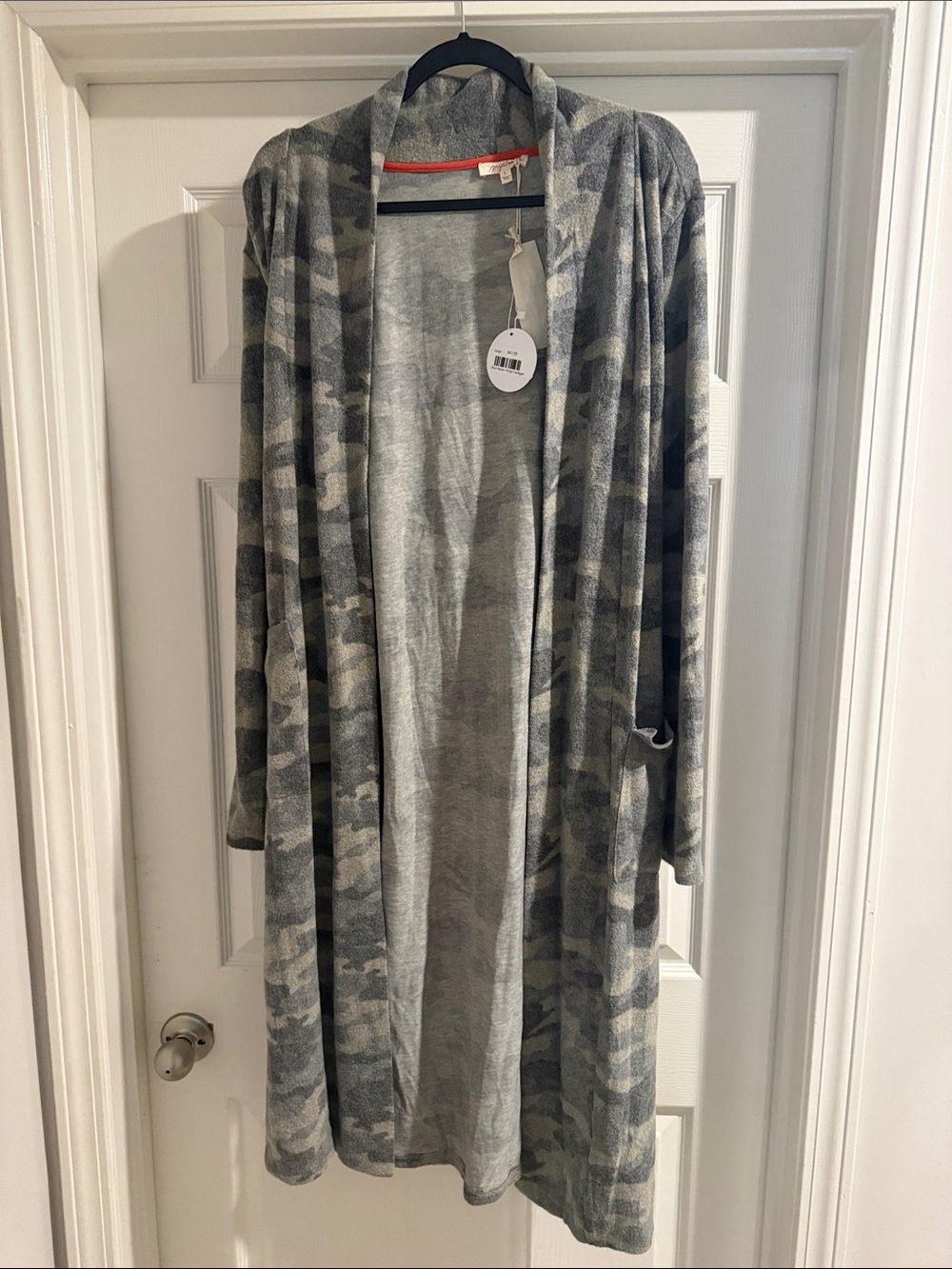 Long Open Front Camo Cardigan - Gray